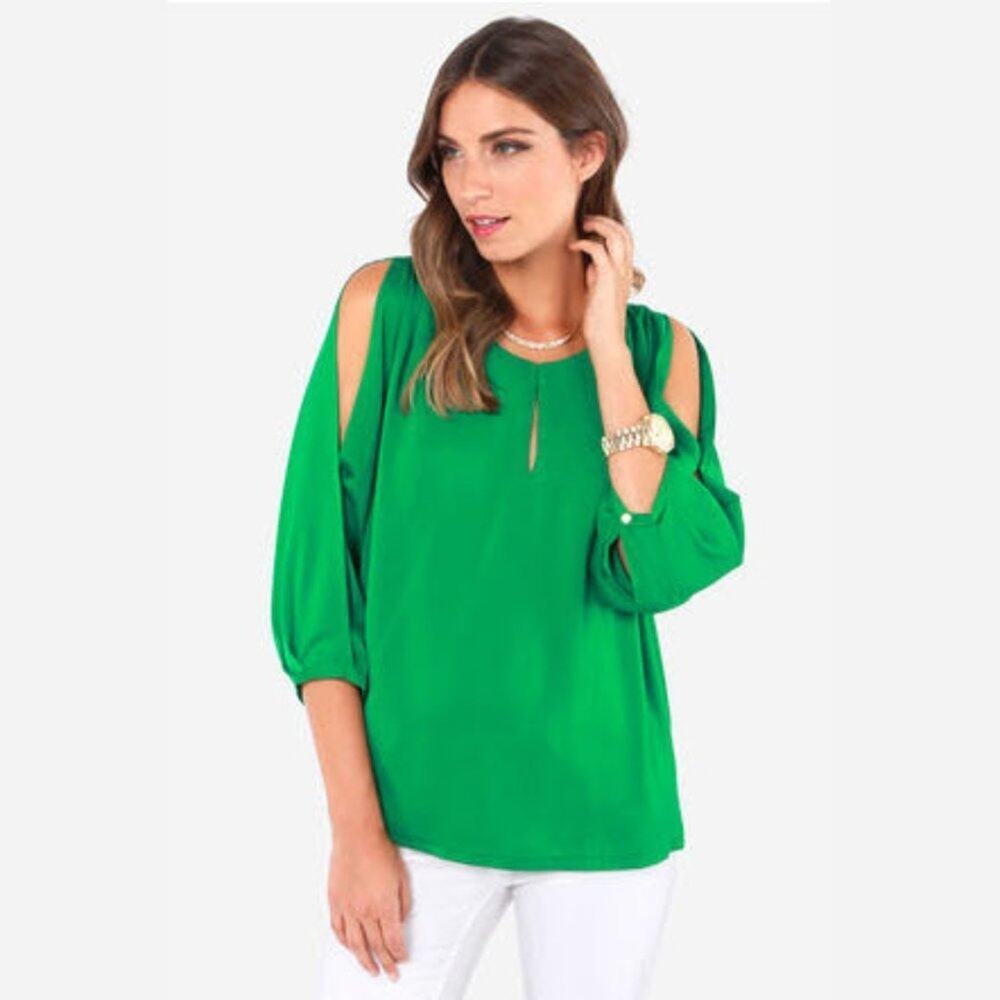 Under Skies for Lulus Green Satin Long Sleeve Blouse Top Womens S